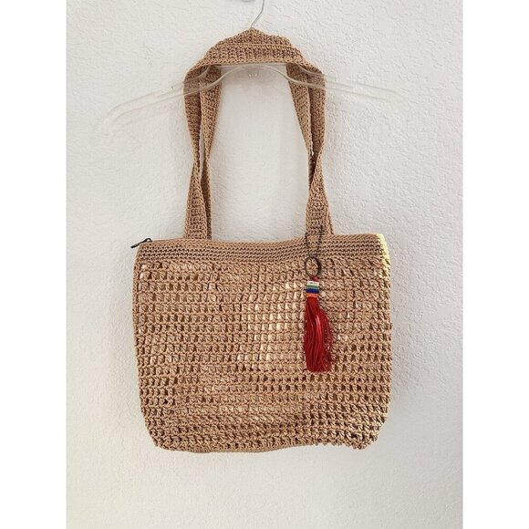 The Sak Crocheted Tote Shoulder Bag Natural Tan w/Gold‎ Metallic Underlay Boho - Picture 1 of 11